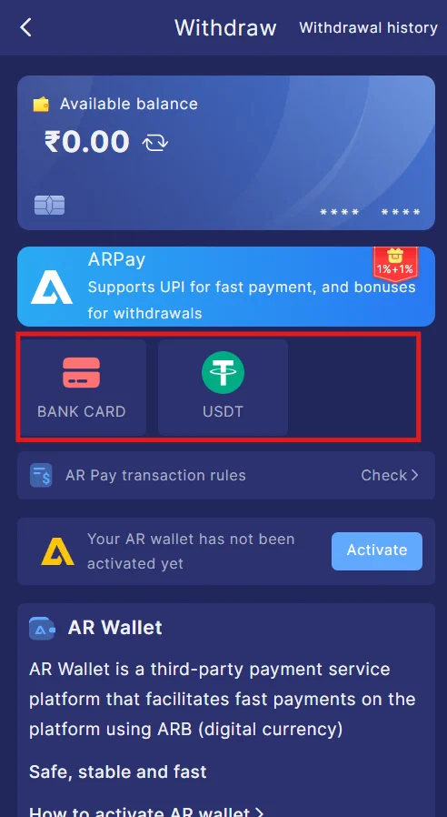 Choose from the Bankcard or the USDT withdrawal method